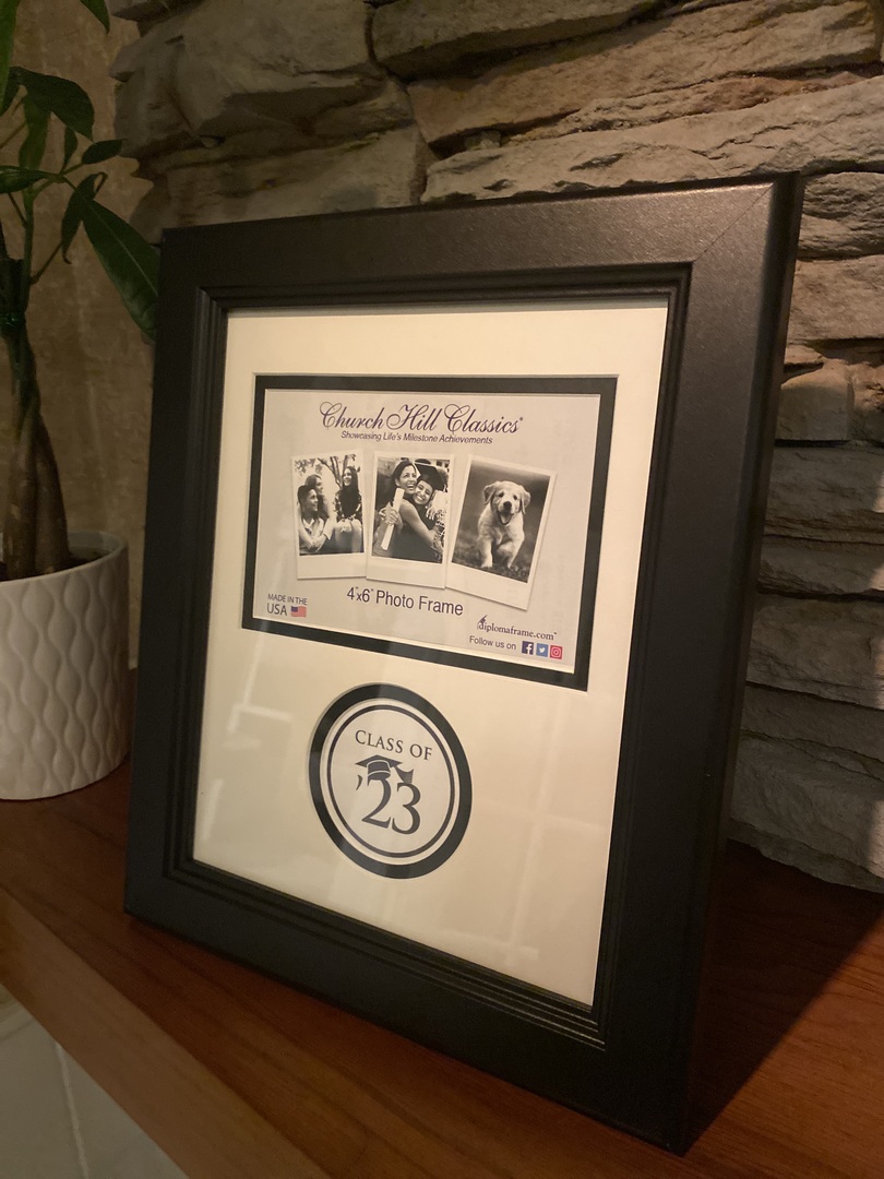 Class of 2023 photo frame from Church Hill Classics sitting on a mantel