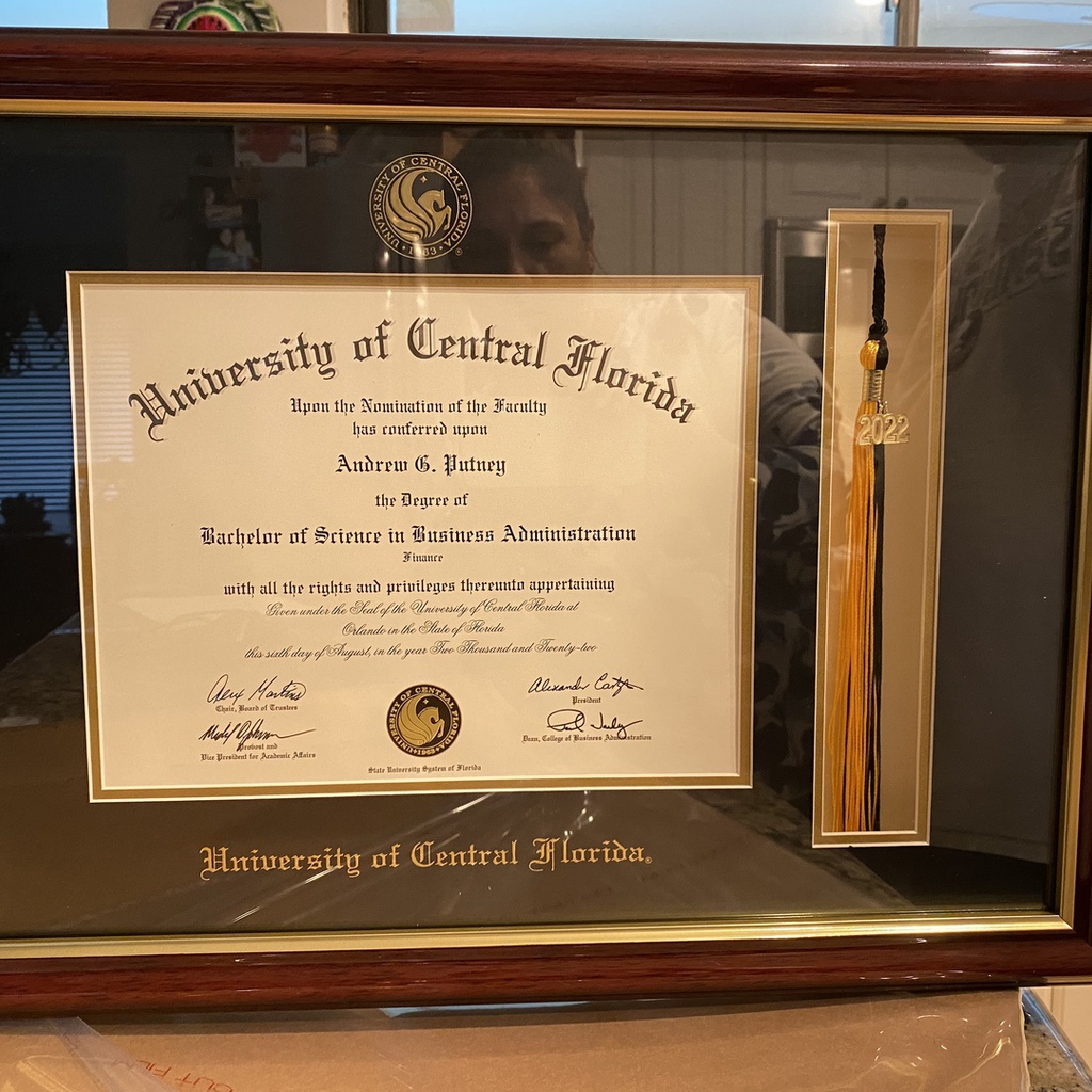 UCF Tassel diploma frame on counter