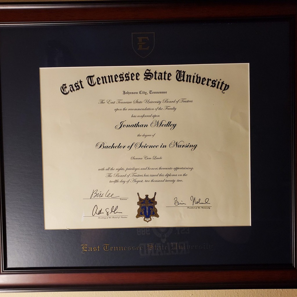 East Tennessee State University Embossed Diploma Frame on wall