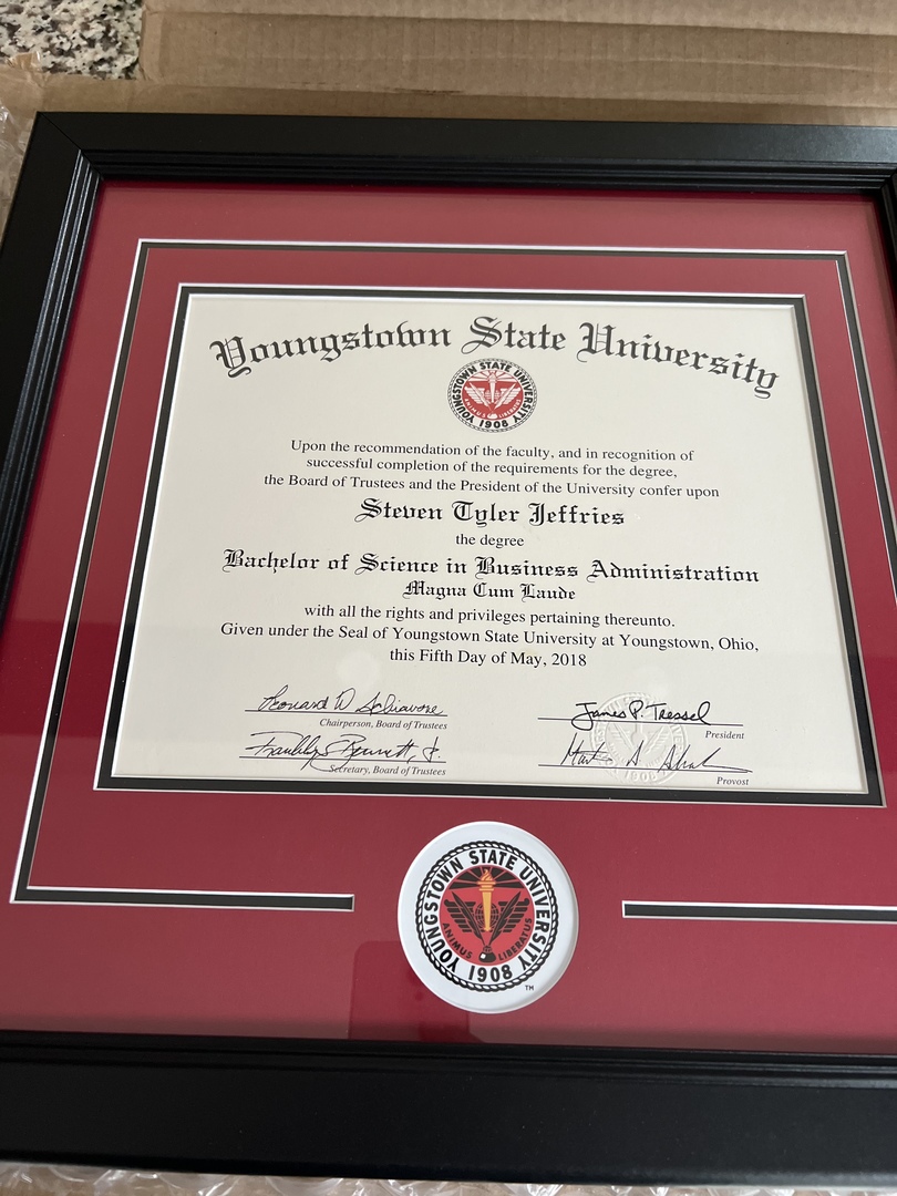 closeup of youngstown state university diploma frame