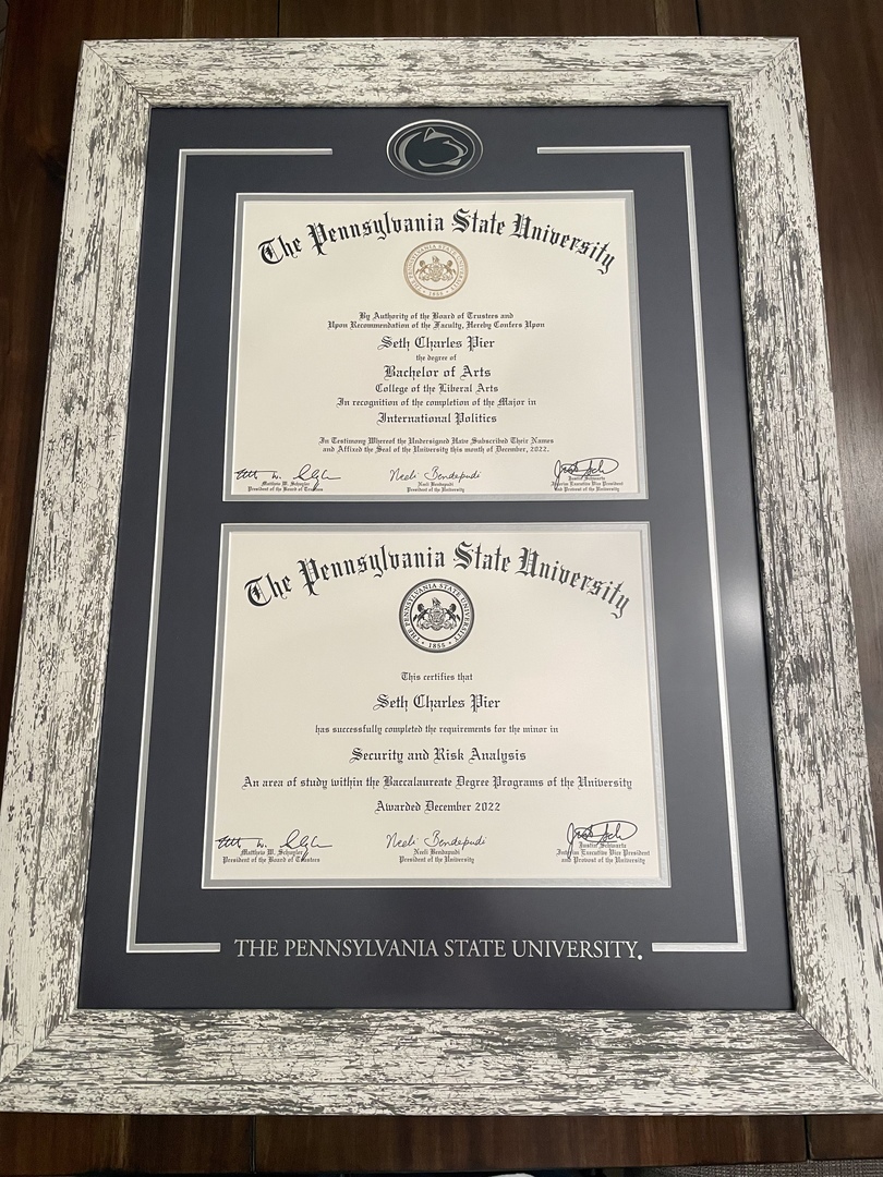 Penn State double diploma frame with barnwood white moulding