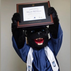 UMaine Bear mascot holding University of Maine frame