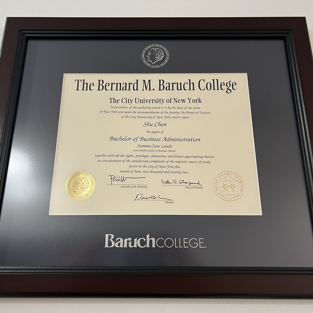 Closeup of Baruch College diploma frame