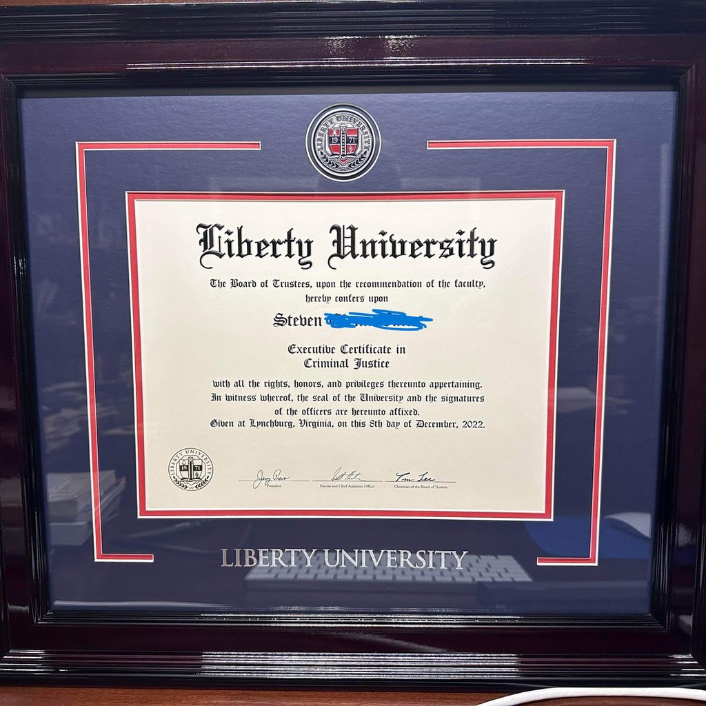 Liberty University certificate frame in blue and red