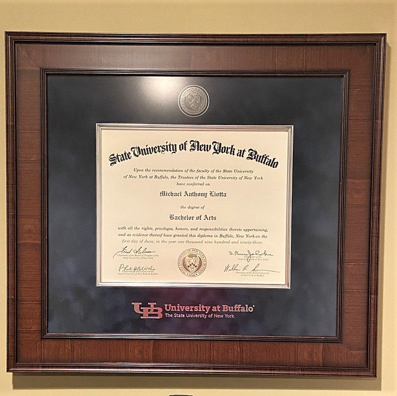 SUNY Buffalo degree frame in navy suede