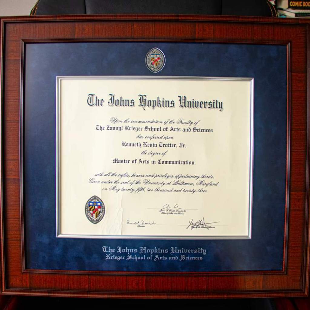 Closeup of JHU master's degree frame for Krieger School of Arts & Sciences
