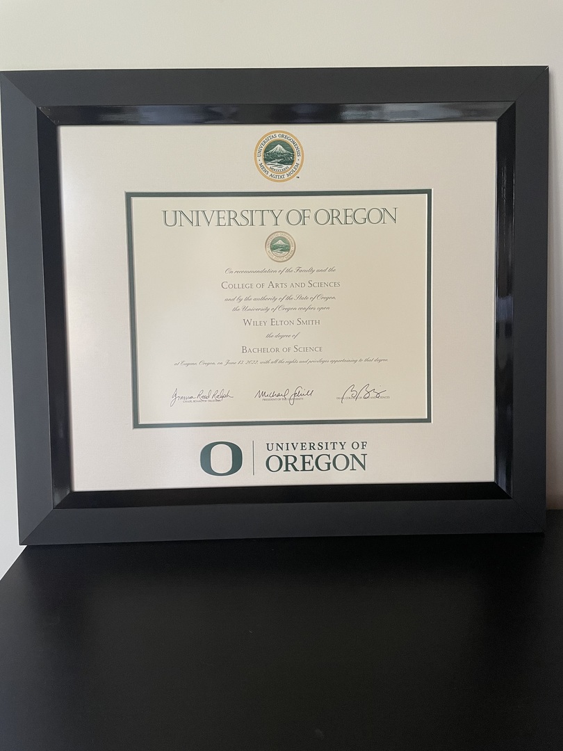 University of Oregon diploma frame in sleek black moulding