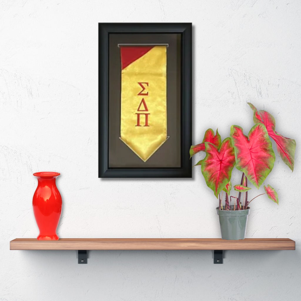 Sigma Delta Pi Graduation Stole in Frame on wall