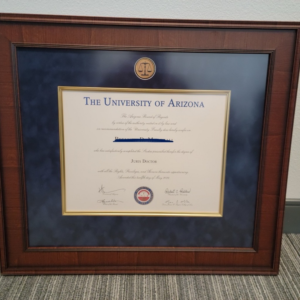 University of Arizona Juris Doctor in law degree frame