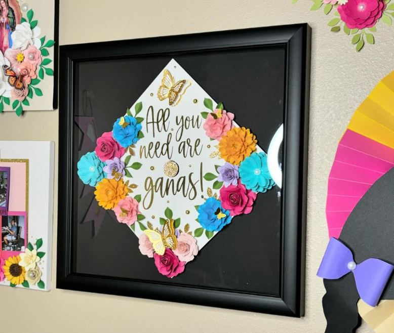 floral grad cap in a grad cap shadow box