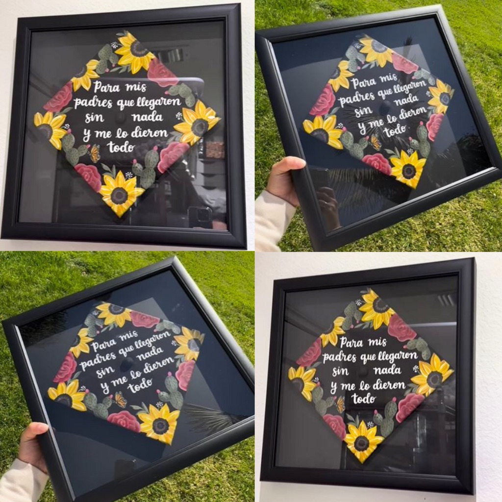 four images of painted floral cap in grad cap shadow box