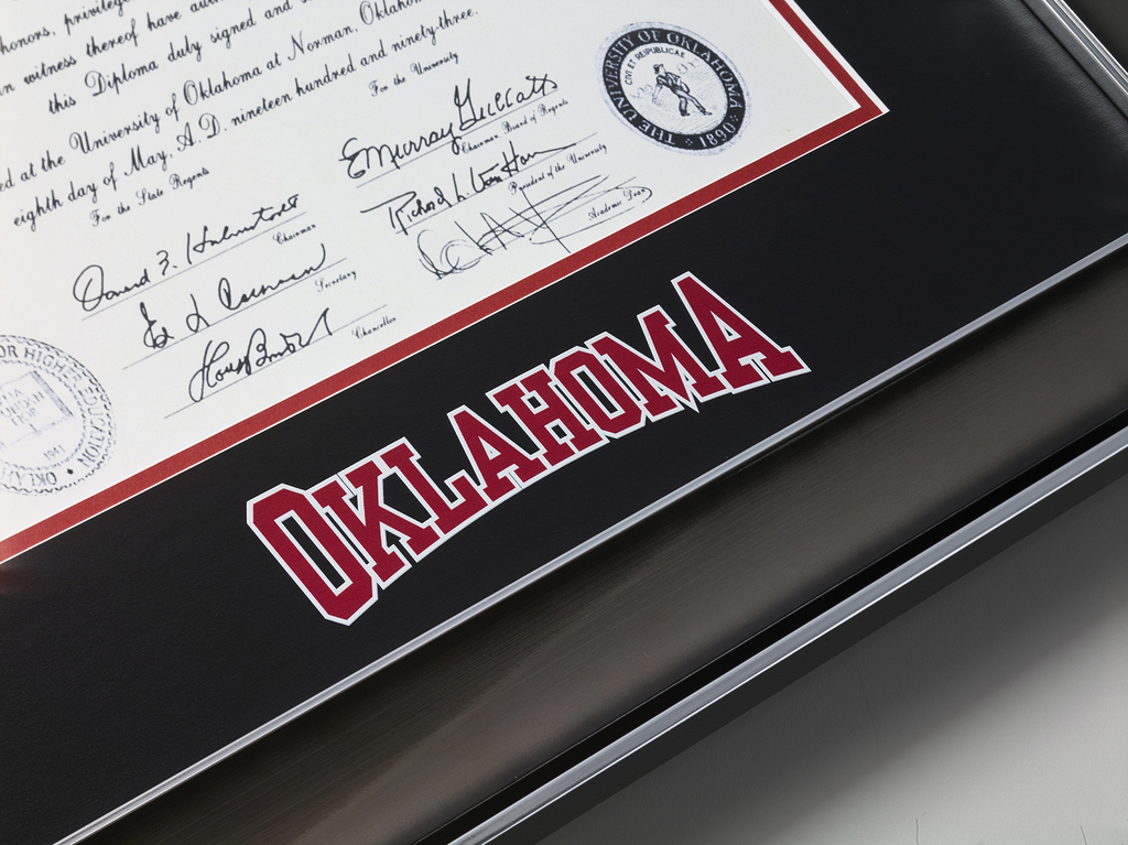 University of Oklahoma diploma frame closeup of name