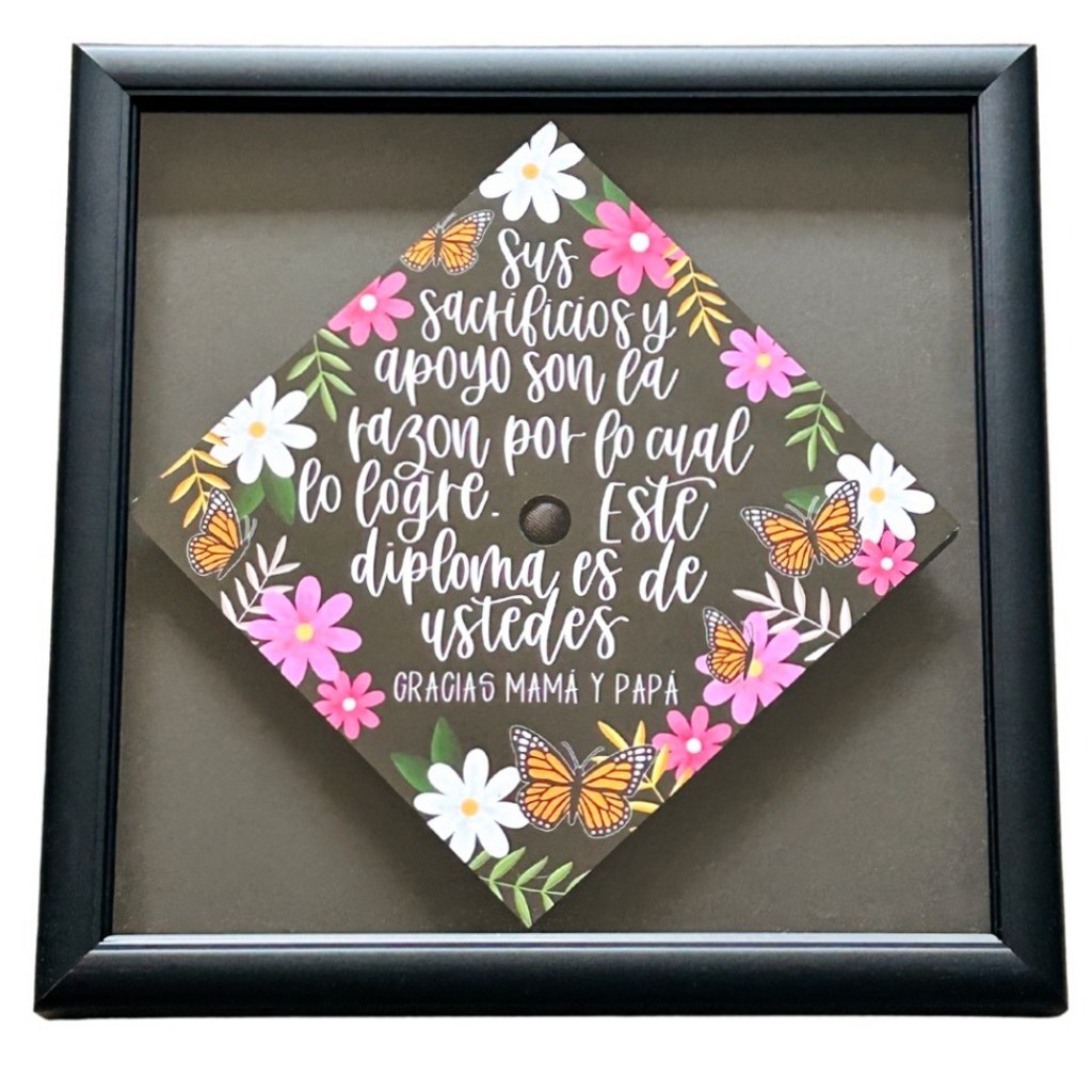 Painted floral graduation cap in grad cap shadow box