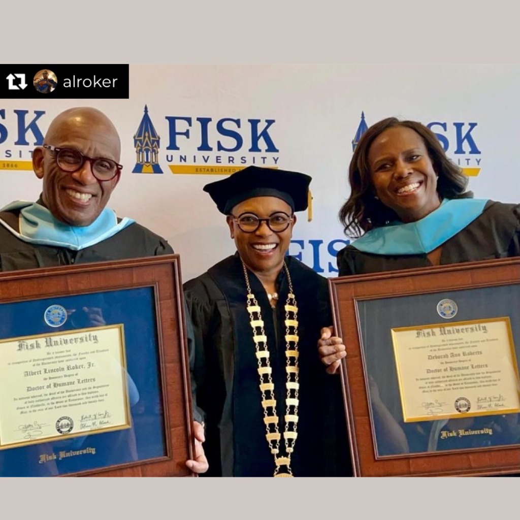 Al Roker and Deborah Roberts with Fisk University diploma frames