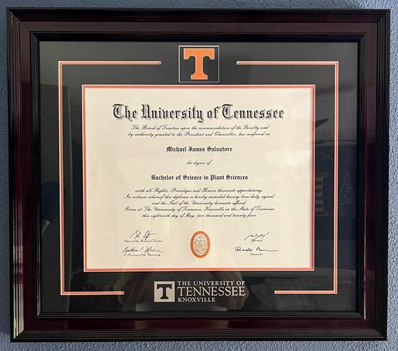 University of Tennessee diploma frame with orange T medallion