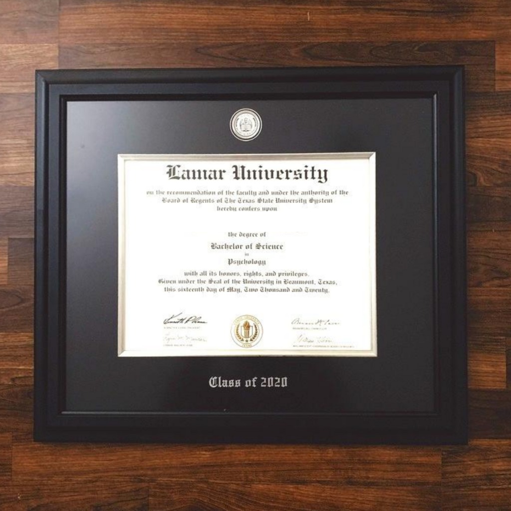 Black frame with lamar university degree and class of 2020 embossing