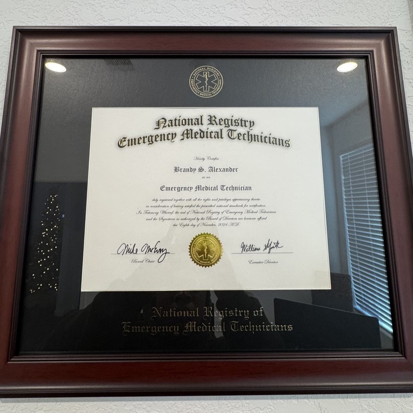 Closeup of NREMT certificate frame