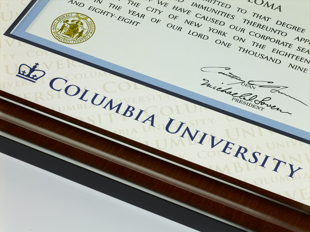 Columbia University diploma frame closeup of name