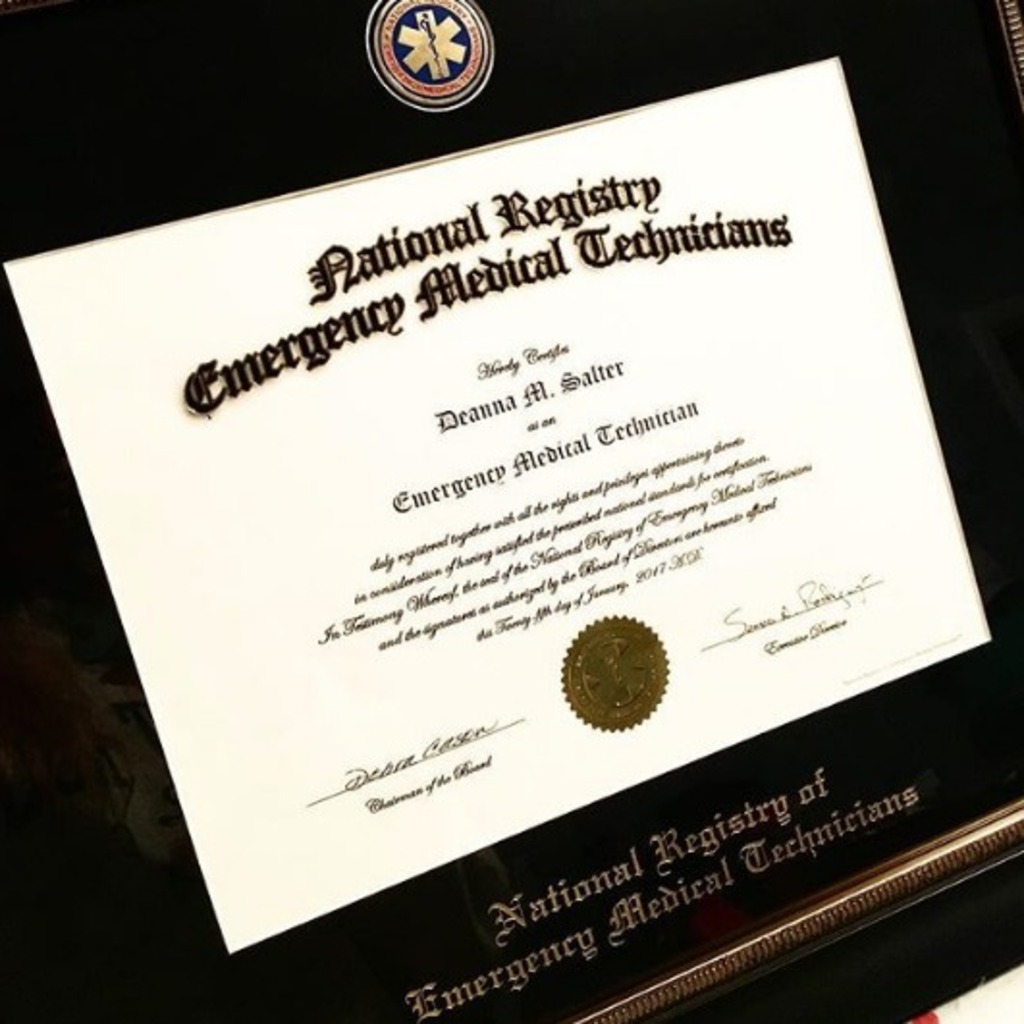 close up image of an NREMT diploma frame