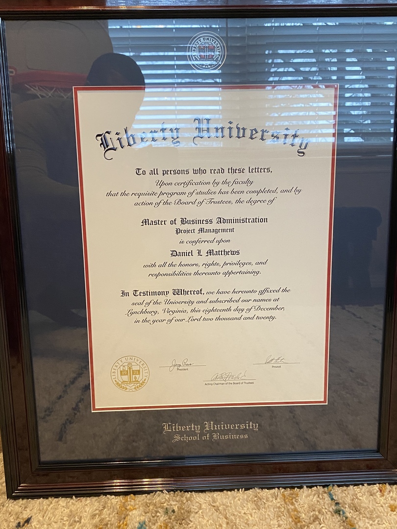 Liberty University School of Business diploma frame