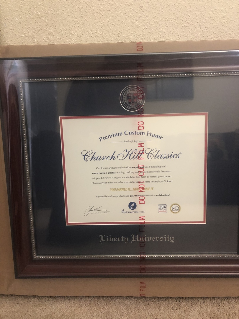 Masterpiece Liberty University diploma frame in packaging