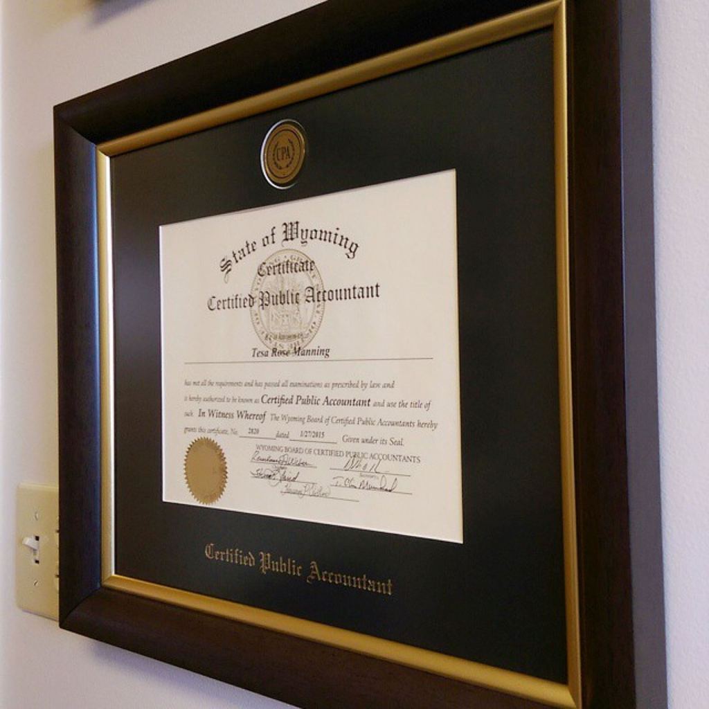 Certified Public Accountant certificate frame with State of Wyoming certificate