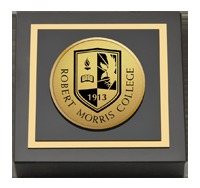 Robert Morris College in Illinois paperweight - Gold Engraved Medallion Paperweight