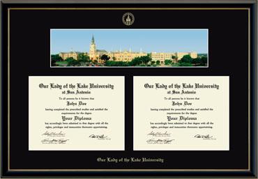 Our Lady of the Lake University Gold Embossed Double Diploma Campus Scene Frame in Onyx Gold