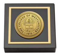 The College of Westchester paperweight - Gold Engraved Medallion Paperweight