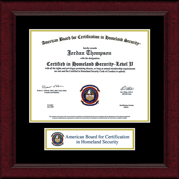 American Board for Certification in Homeland Security Lasting Memories Banner Certificate Frame in Sierra