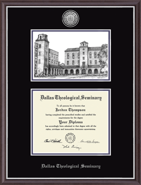 Dallas Theological Seminary Campus Scene Lithograph Silver Engraved Medallion Diploma Frame in Devon