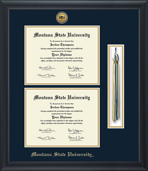 Montana State University Bozeman Gold Engraved Tassel Double Diploma Frame in Obsidian