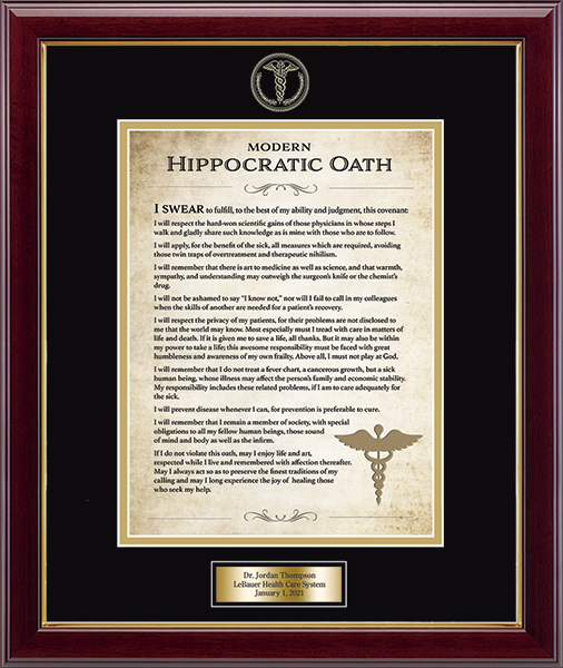 Johns Hopkins University Hippocratic Oath Certificate Frame in Gallery