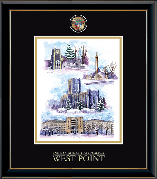 United States Military Academy Masterpiece Medallion Winter Collage Litho Frame in Onexa Gold