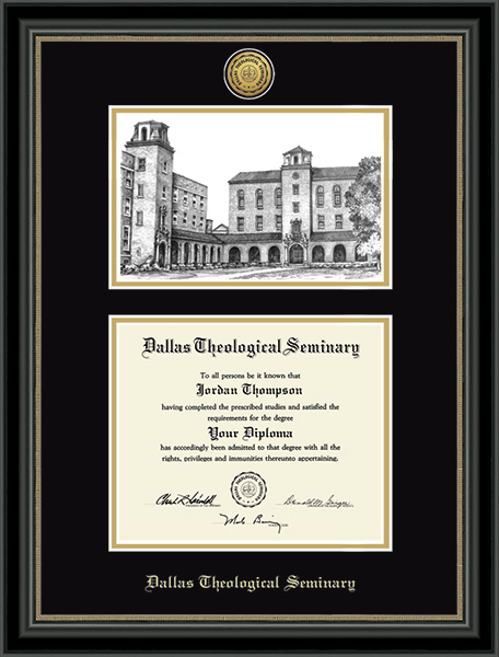 Dallas Theological Seminary Campus Scene Lithograph Gold Engraved Diploma Frame in Noir