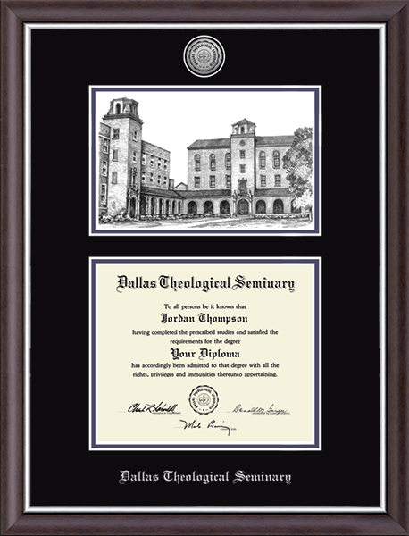 Dallas Theological Seminary Campus Scene Lithograph Silver Engraved Diploma Frame in Devonshire
