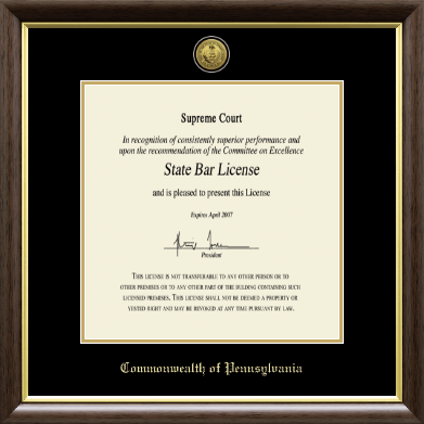 Widener University School of Law certificate frame - Gold Engraved Commonwealth of Pennsylvania Certificate Frame in Hampshire