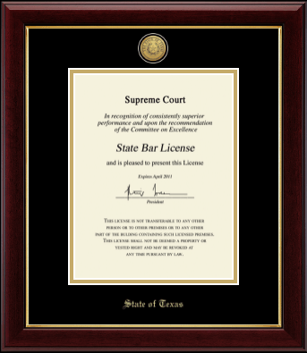 State of Texas Certificate frame - Gold Engraved Medallion Certificate Frame Vertical in Gallery