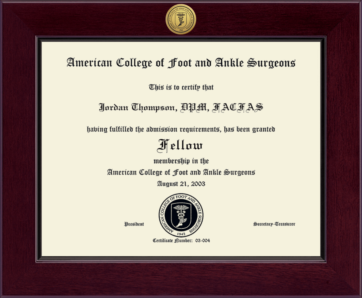 American College of Foot and Ankle Surgeons Century Gold Engraved