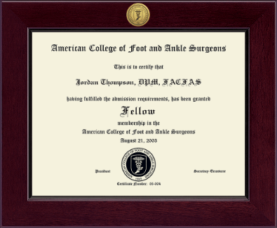 American College of Foot and Ankle Surgeons diploma frame - Century Gold Engraved Certificate Frame in Cordova