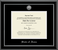 State of Iowa Silver Engraved Medallion Certificate Frame in Onyx Silver