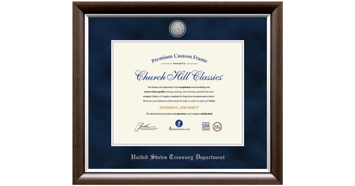 Silver Engraved Certificate Frame in Devonshire United States Treasury