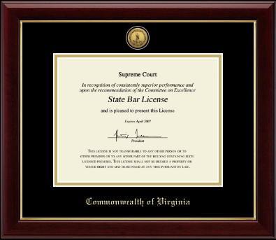 Commonwealth of Virginia certificate frame - Gold Engraved Medallion Certificate Frame in Gallery