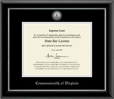Commonwealth of Virginia certificate frame - Silver Engraved Medallion Certificate Frame in Onyx Silver