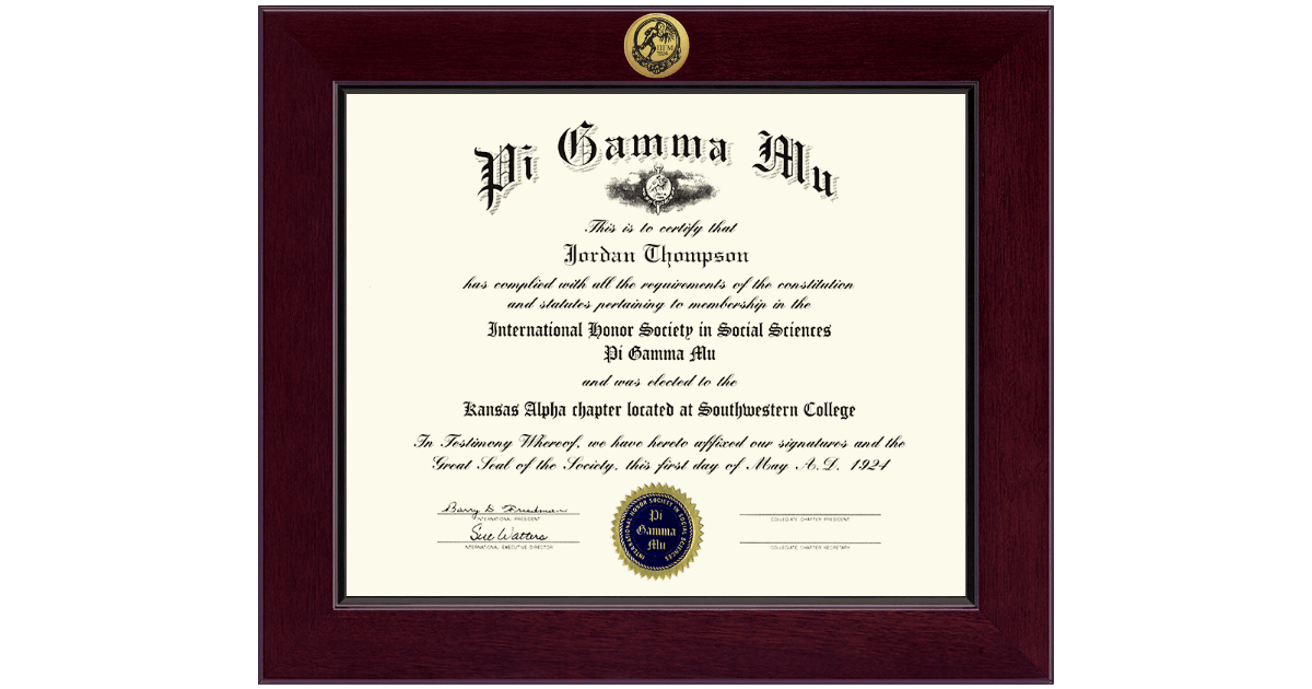 Century Gold Engraved Certificate Frame in Cordova Pi Gamma Mu Honor