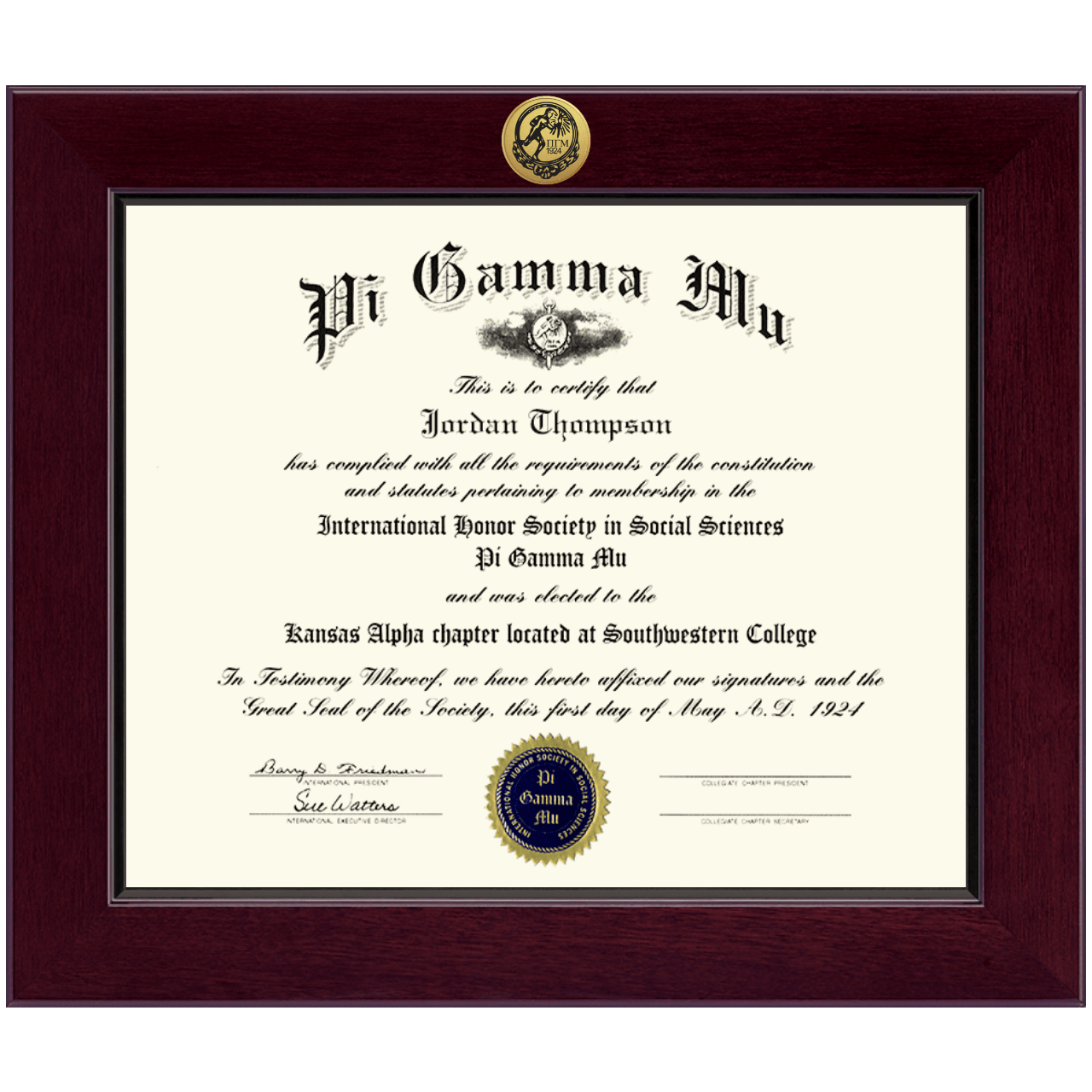 Century Gold Engraved Certificate Frame in Cordova Pi Gamma Mu Honor
