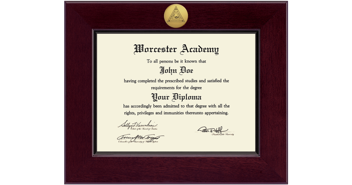 Century Gold Engraved Certificate Frame in Cordova Worcester Academy