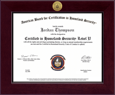 American Board for Certification in Homeland Security certificate frame - Century Gold Engraved Certificate Frame in Cordova