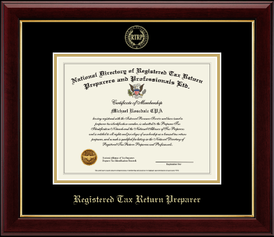 PTIN Directory Inc. certificate frame - Registered Tax Return Preparer Gold Embossed Certificate Frame in Gallery
