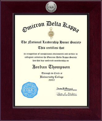 Omicron Delta Kappa Honor Society certificate frame - Century Silver Engraved Certificate Frame in Cordova